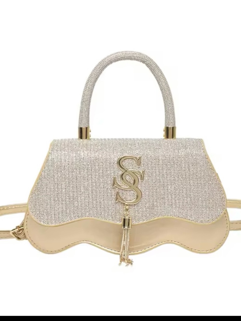 Shimmer Woven Cream Top Handle Mini Bag with Gold Tassel